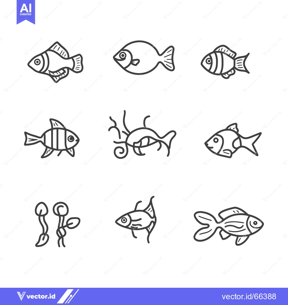 Premium Vector dari Nine Line Drawings of Fish and Aquatic Plants