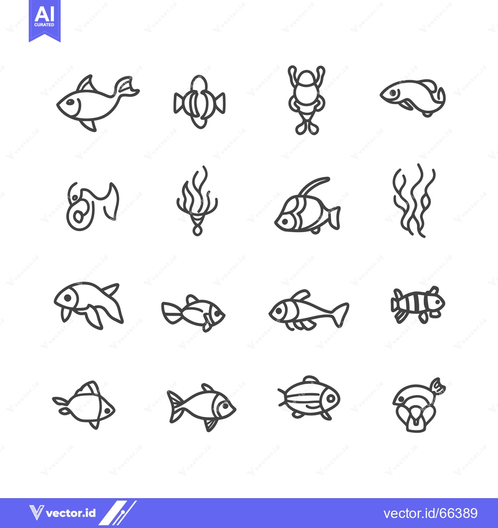 Premium Vector dari Set of Black Line Icons of Various Fish and Sea Creatures