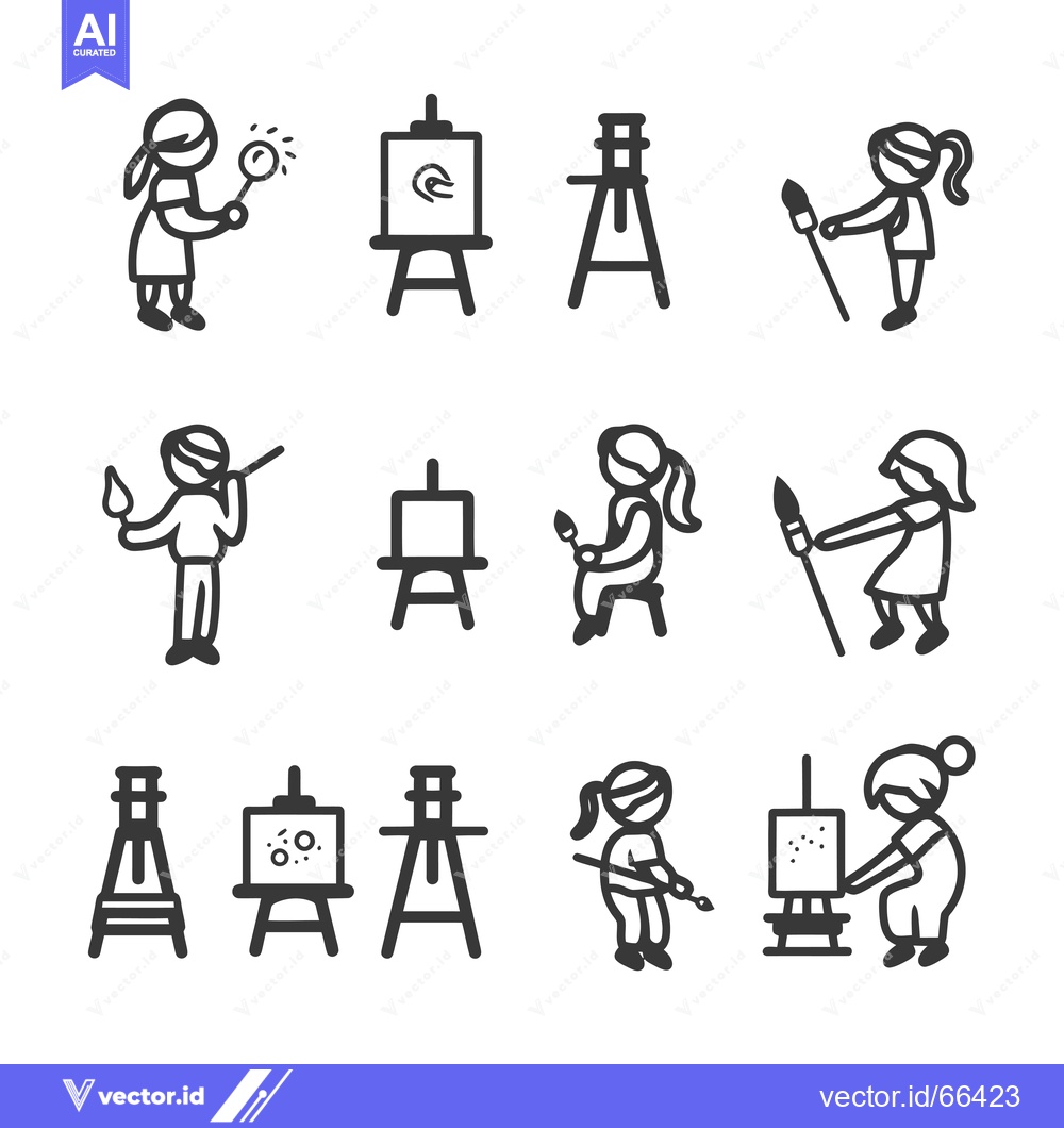 Premium Vector of Set of Line Icons Depicting People Painting on Easels