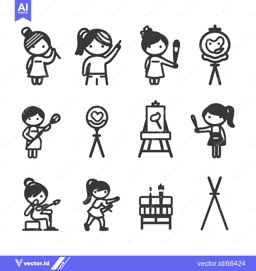 Premium Vector dari A Set of Line Art Icons Depicting Girls Engaged in Various Artistic Ac