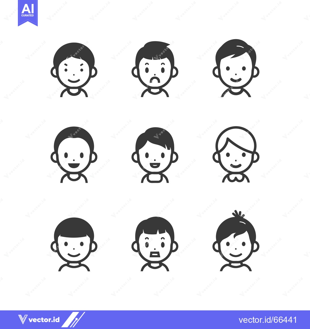 Premium Vector of Set of Nine Simple Cartoon Child Icons with Different Hairstyles and E