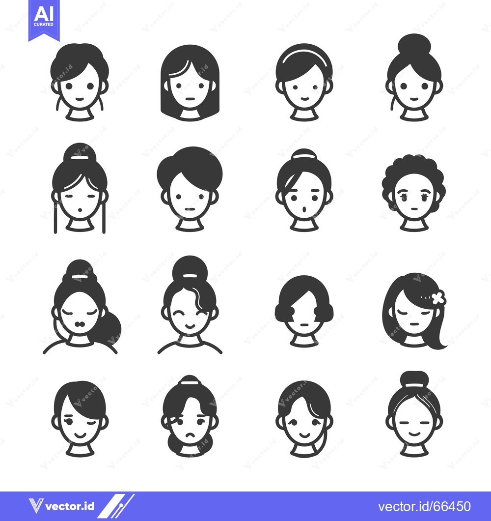 Premium Vector dari Sixteen Black and White Icons of Women's Faces with Different Hairstyl