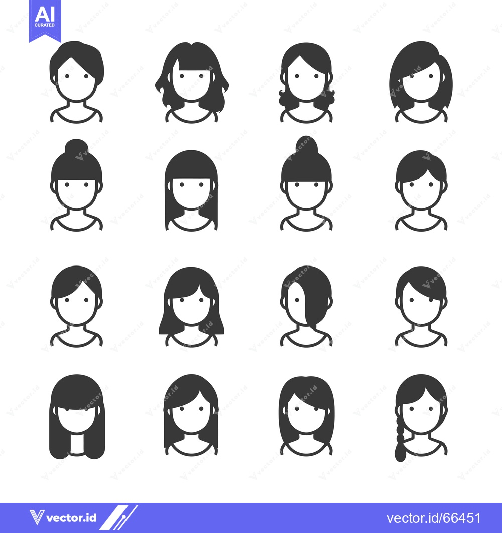 Premium Vector of Sixteen Diverse Female Profile Icons with Different Hairstyles