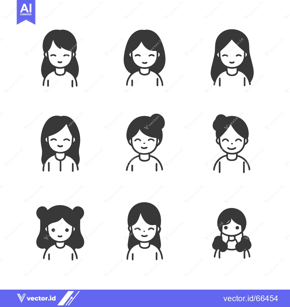 Premium Vector of Nine Simple Illustrations of Smiling Girl Characters with Different Ha