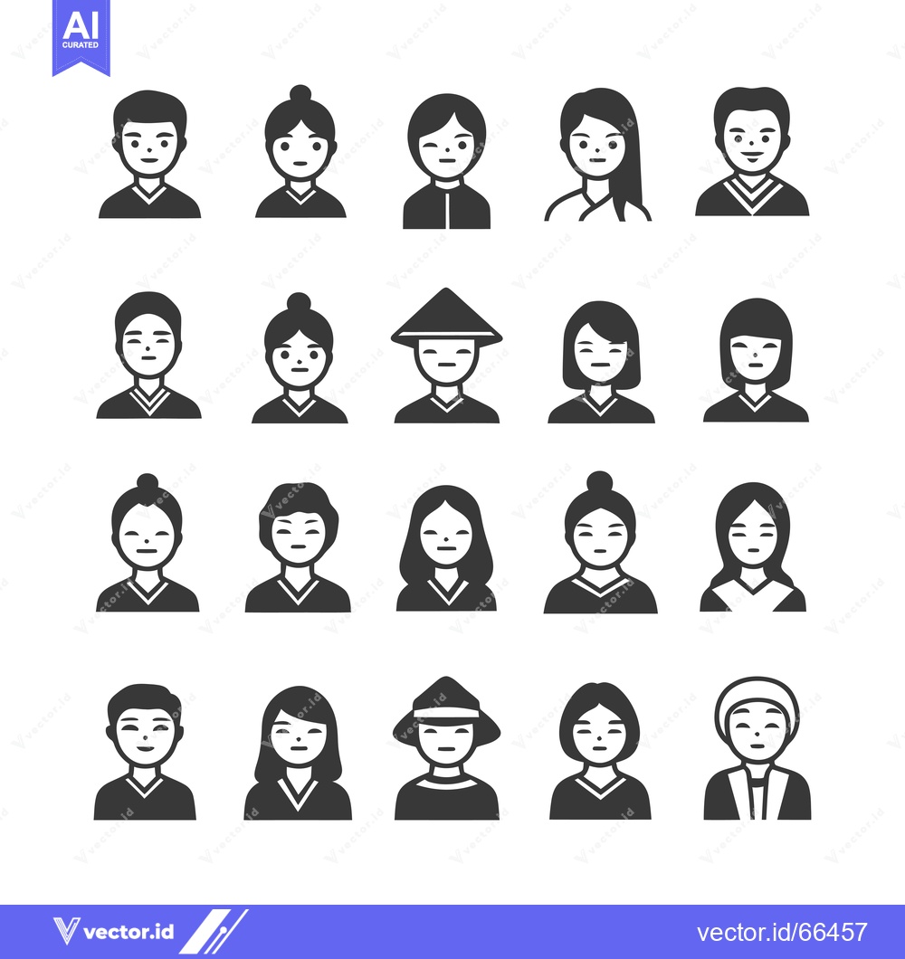 Premium Vector of Set of 20 Simple Asian People Icons in Black and White