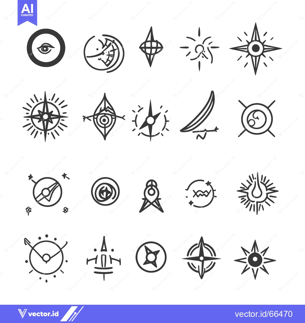 Premium Vector of A Collection of Hand-Drawn Abstract Symbols with Eyes, Stars, and Comp