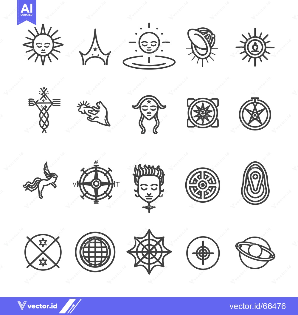 Premium Vector of A Set of 18 Black Line Drawings of Various Spiritual and Celestial Sym