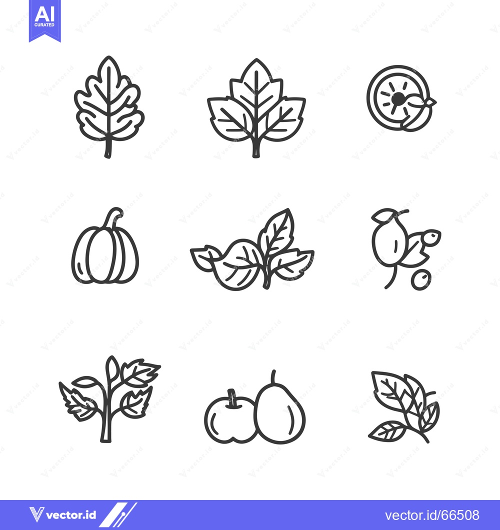 Premium Vector dari Set of Nine Line Icons Depicting Various Fruits and Leaves