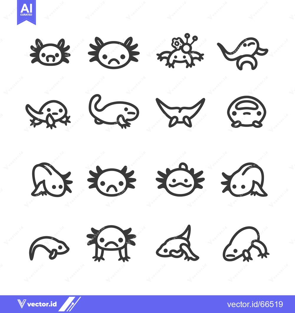 Premium Vector of Set of Cute Cartoon Amphibian Icons in Black and White