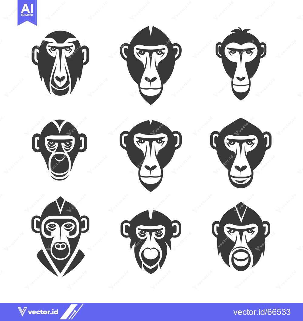 Premium Vector dari Nine Stylized Monkey Faces in Black and White