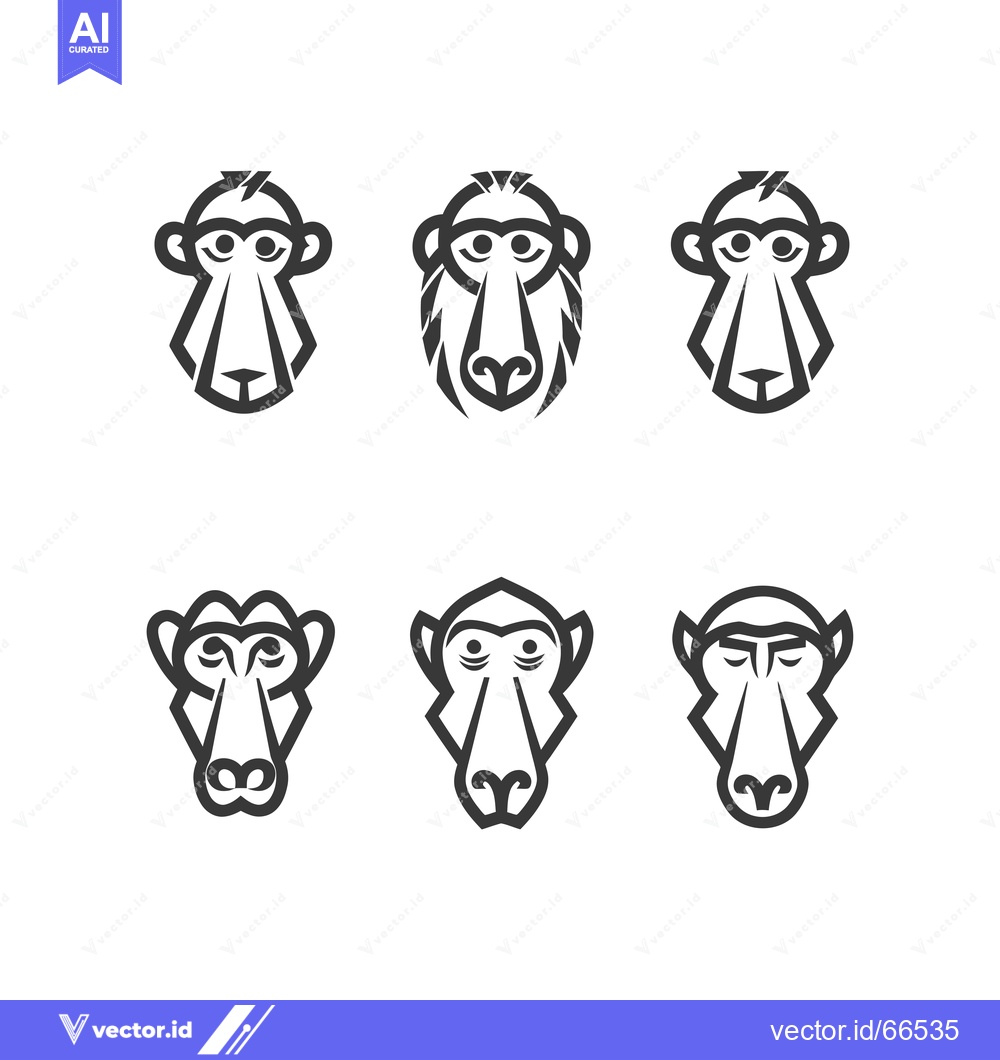 Premium Vector dari Six Stylized Black and White Monkey Faces