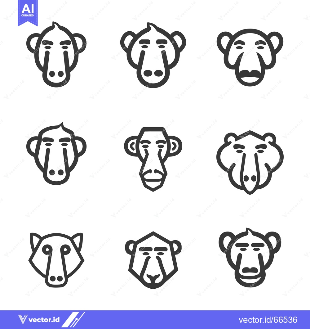 Premium Vector dari Nine Stylized Black and White Outline Baboon Faces