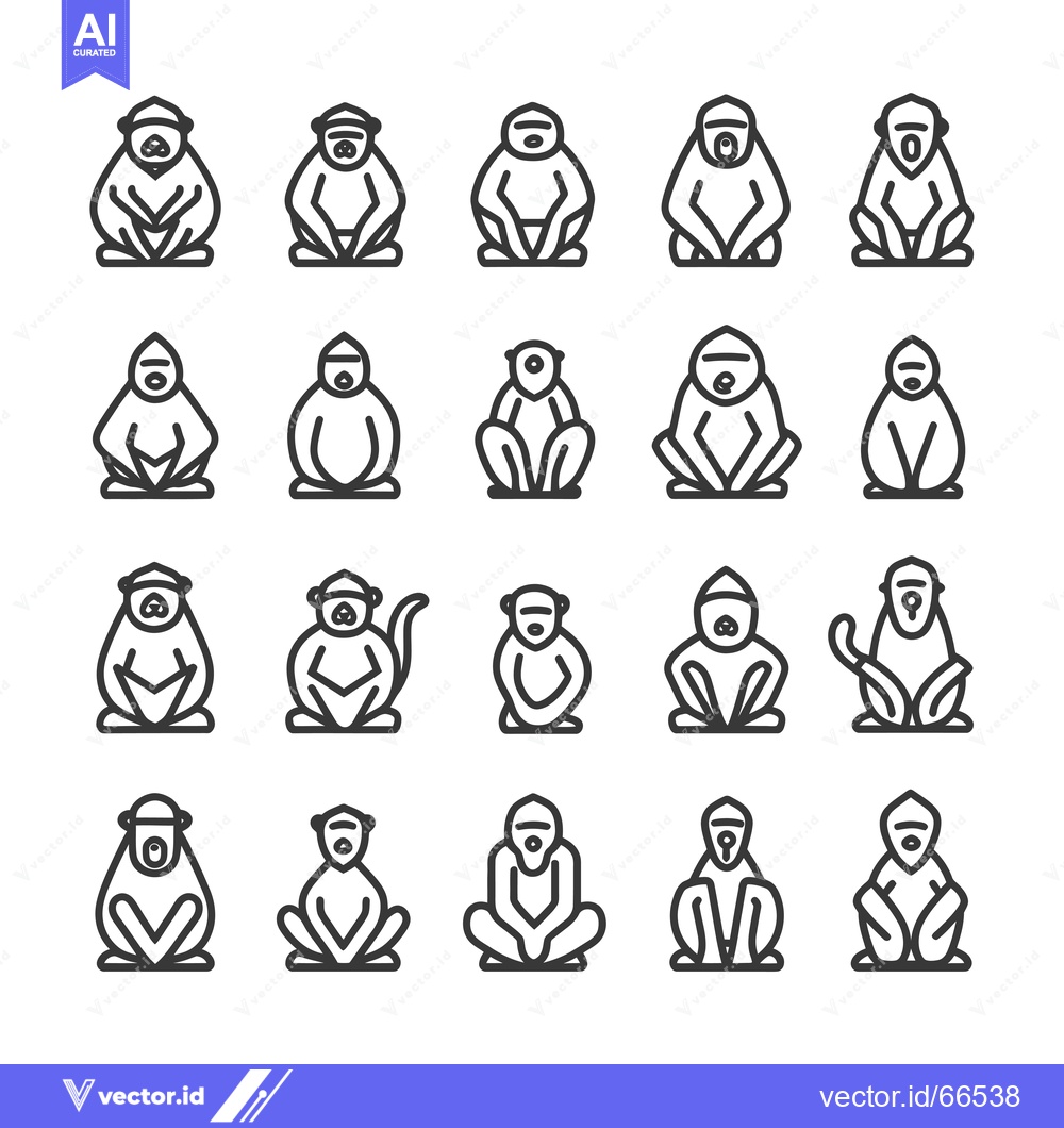 Premium Vector of A Collection of 20 Line Drawings of Monkeys in Sitting Positions