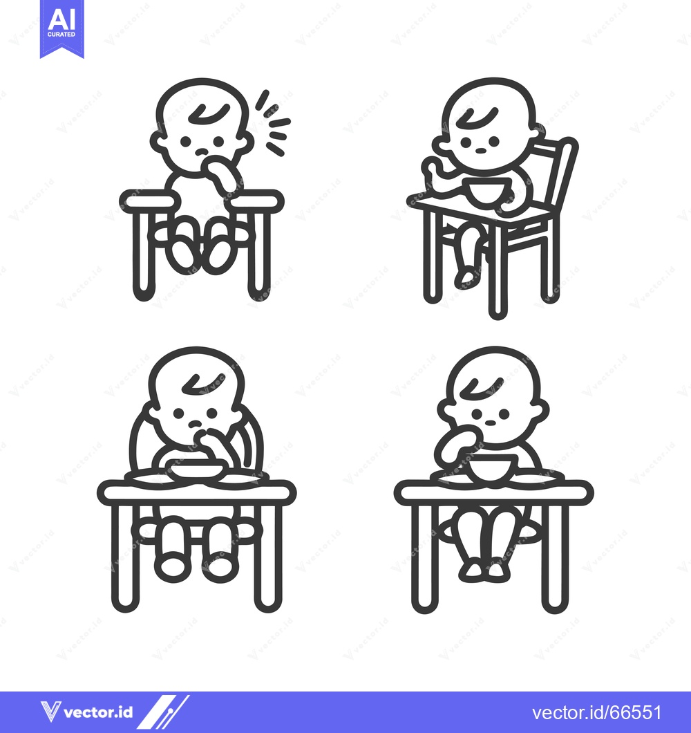 Premium Vector dari Four Line Drawings of a Baby Sitting in a High Chair Eating