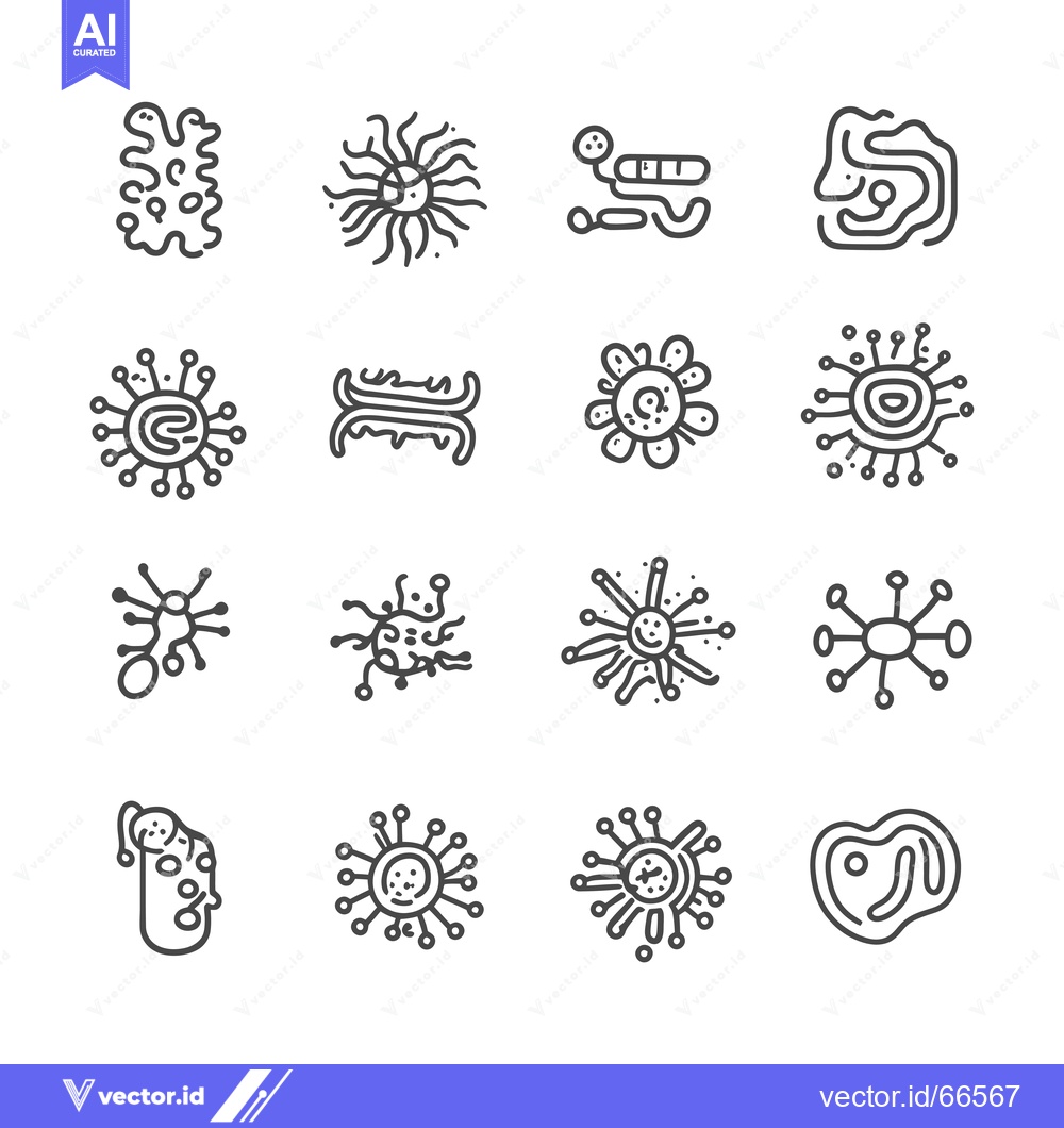 Premium Vector dari Set of 16 Monochrome Line Art Illustrations Depicting Various Bacteria