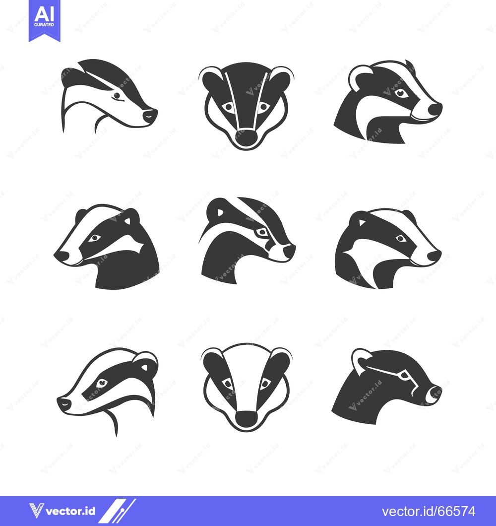 Premium Vector of Nine Stylized Badger Head Illustrations in Black and White