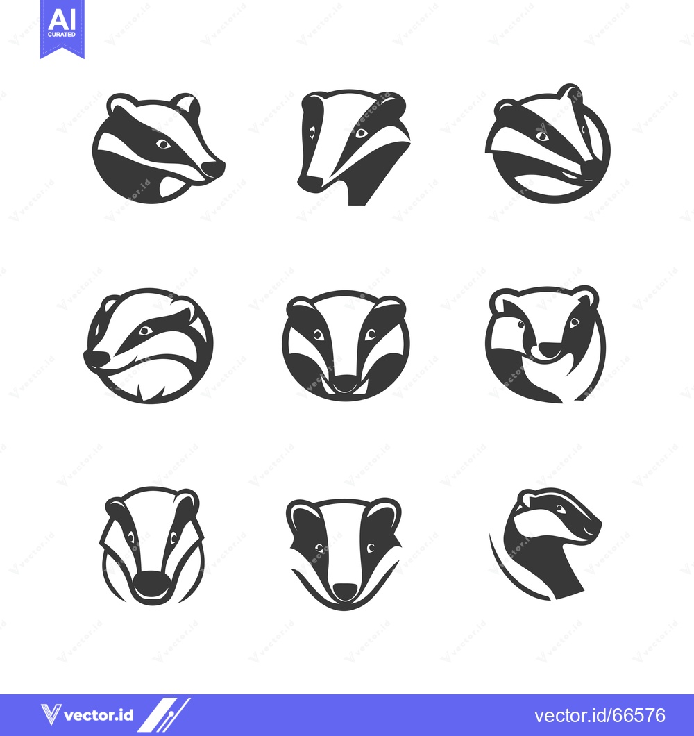 Premium Vector dari Nine Stylized Black and White Badger Head Illustrations