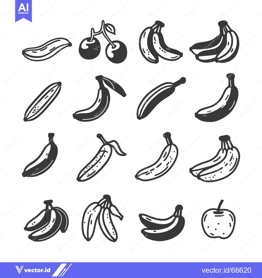 Premium Vector of Black and White Illustration of Bananas, Cherries, and an Apple
