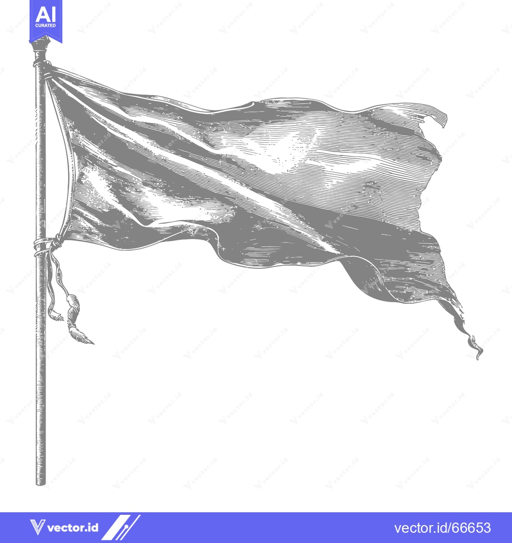 Premium Vector of A Hand-Drawn Black and White Illustration of a Waving Flag on a Pole