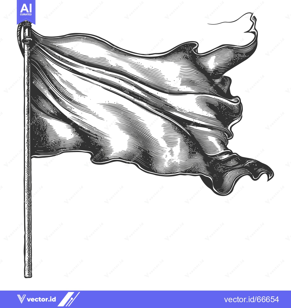 Premium Vector of A Black and White Line Art Illustration of a Waving Flag on a Pole