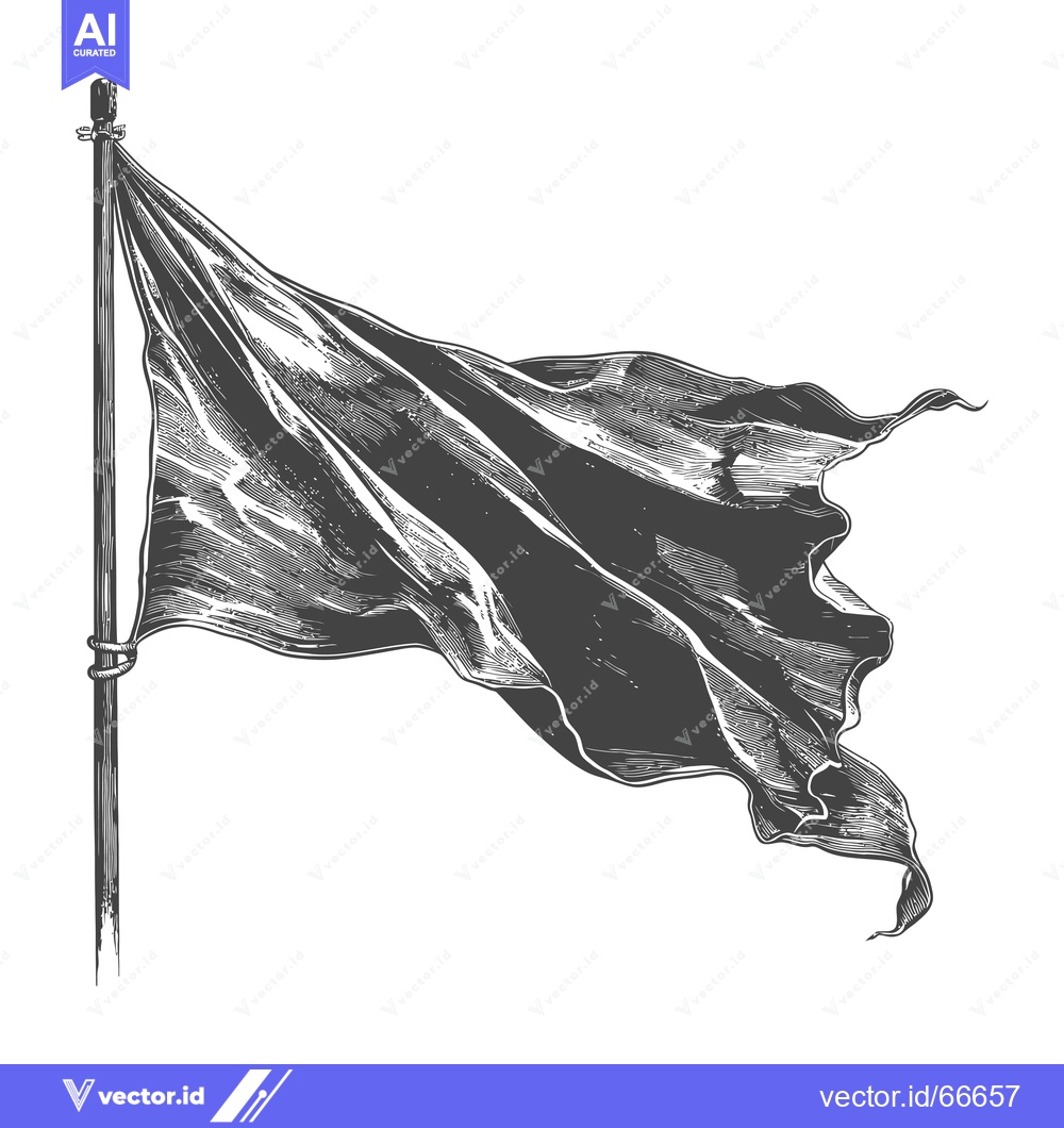 Premium Vector dari A Black and White Hand-Drawn Illustration of a Waving Flag on a Wooden