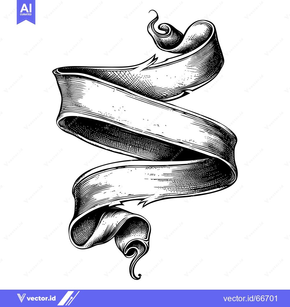 Premium Vector of Hand-drawn black and white illustration of a curled ribbon banner