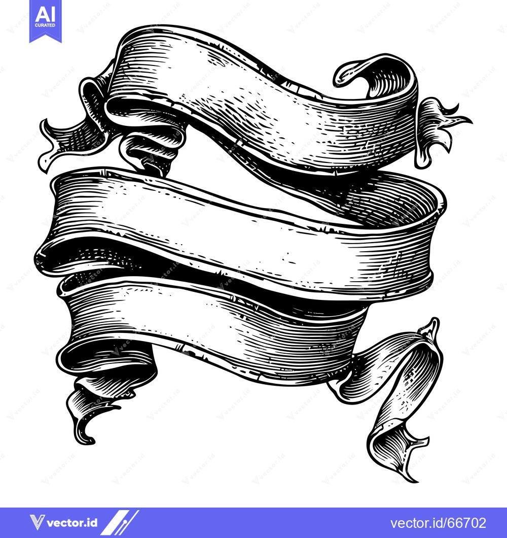 Premium Vector of Hand-Drawn Black and White Illustration of a Rolled Ribbon Banner