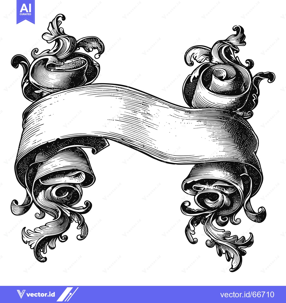 Premium Vector of Ornate Black and White Scroll Banner with Flourishes