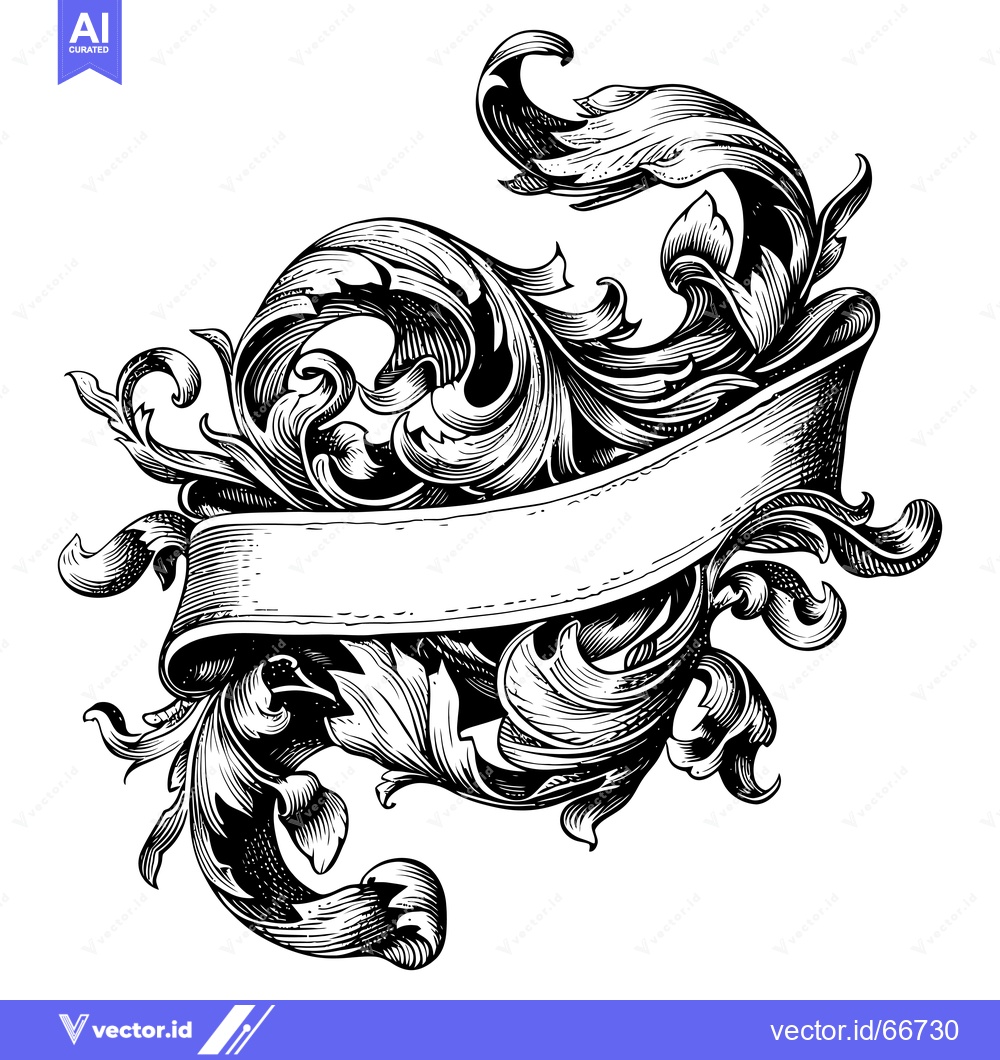 Premium Vector dari Ornate Black and White Scroll Banner with Floral Design