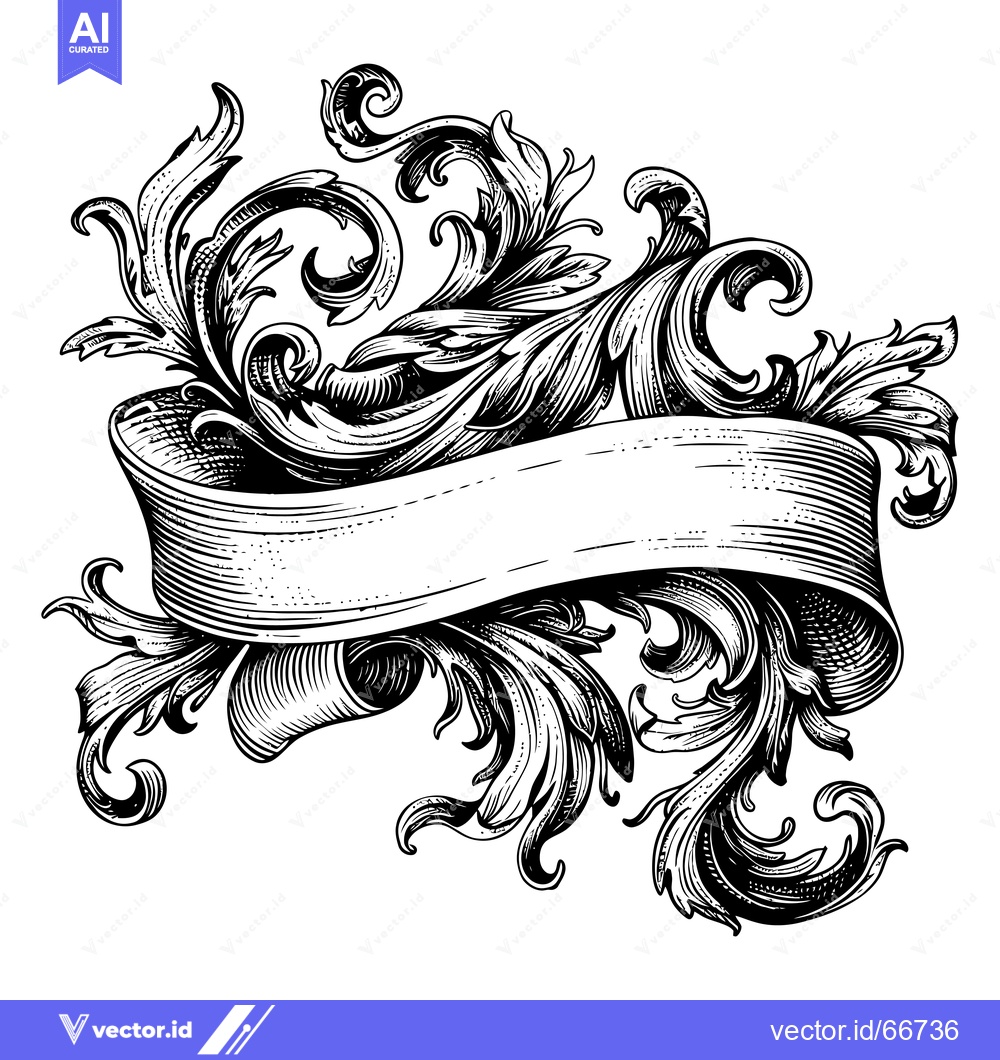Premium Vector of Ornate Black and White Floral Banner with Scroll