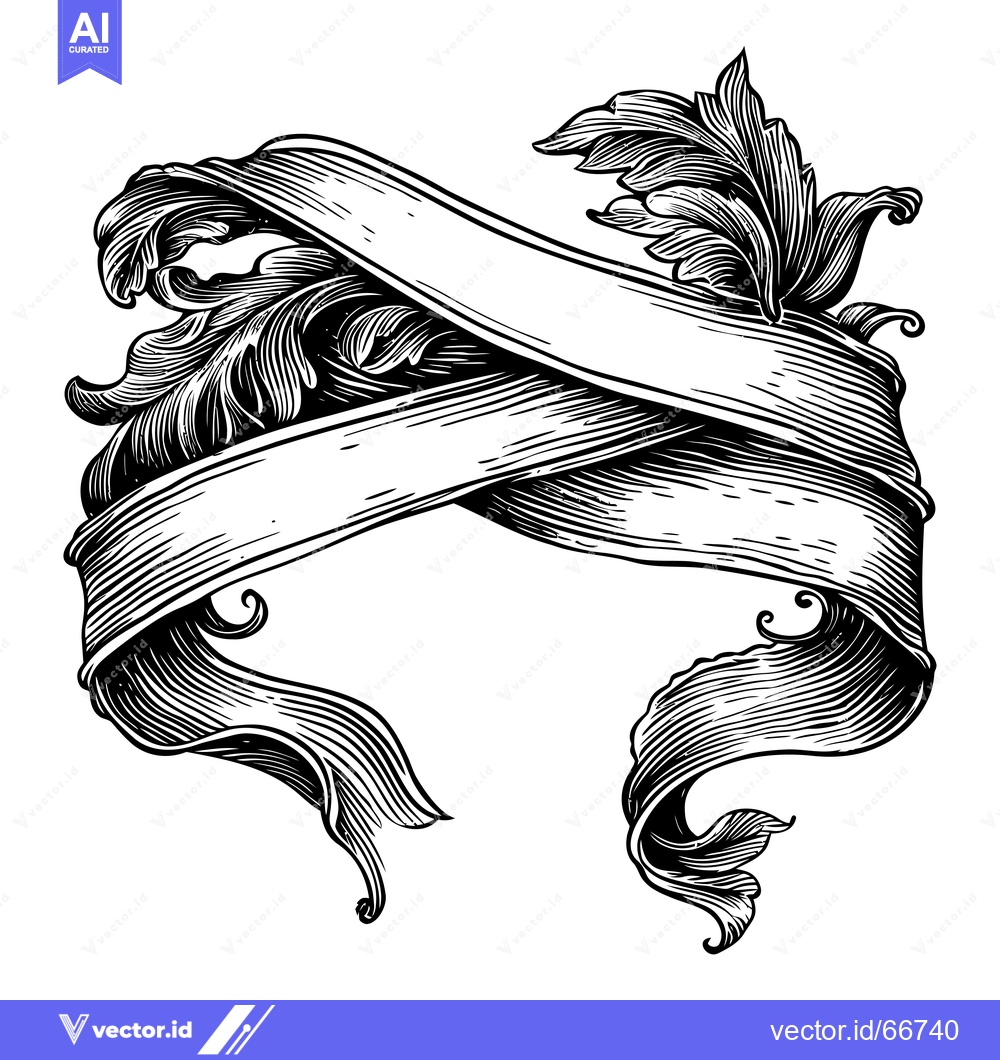 Premium Vector dari Black and White Illustration of a Ribbon with Ornamental Leaves