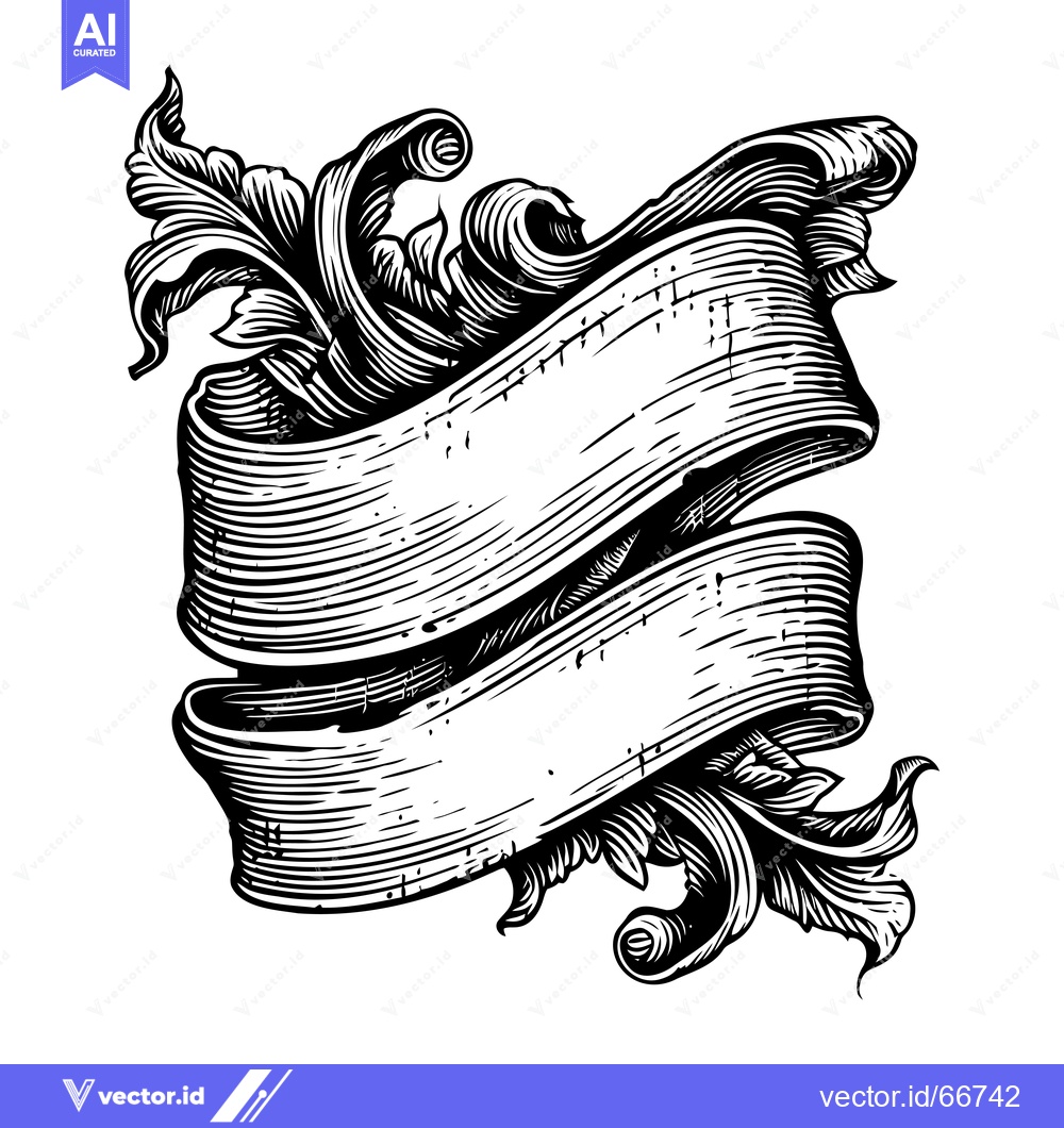 Premium Vector of Ornate Black and White Scroll Banner with Floral Accents