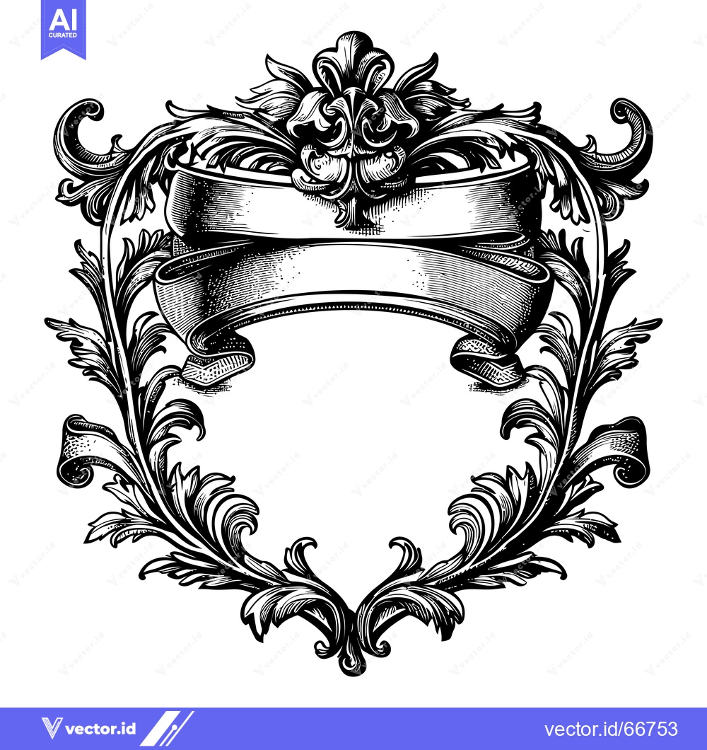 Premium Vector of Ornate Black and White Floral Frame with Ribbon Banner