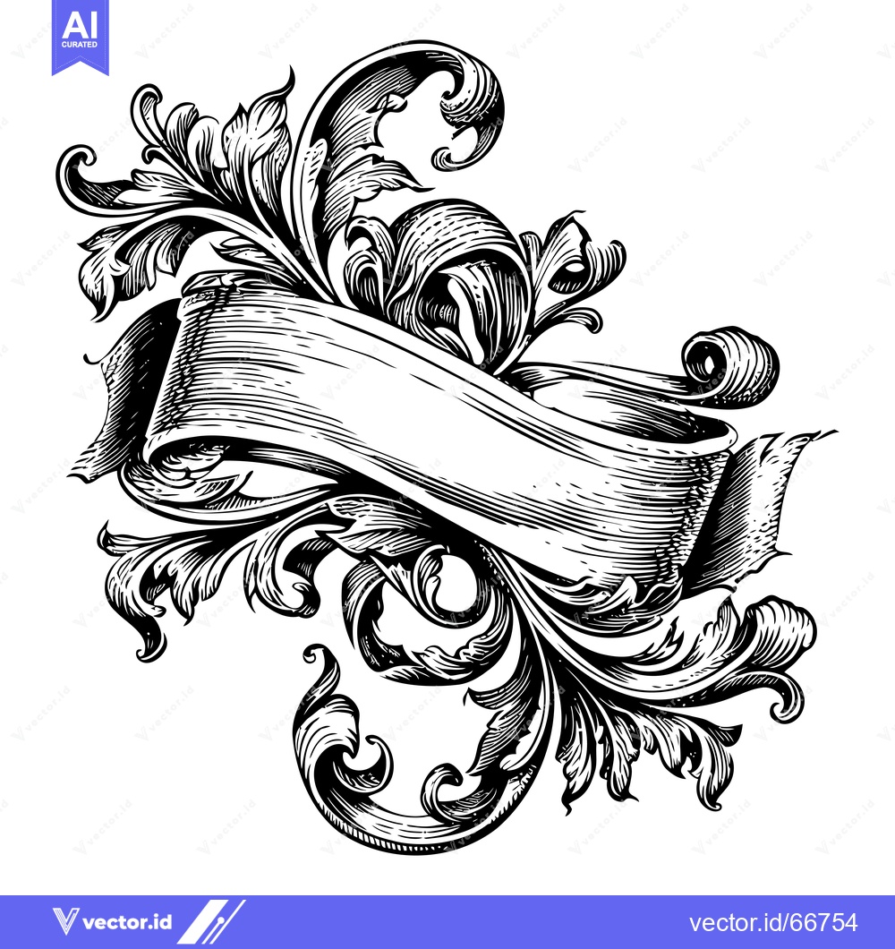Premium Vector of Ornate Floral Scroll with Ribbon Banner