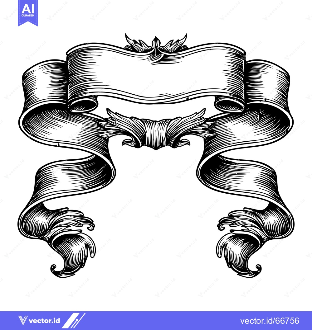 Premium Vector dari Ornate Ribbon Banner with Swirling Tails and Floral Decoration