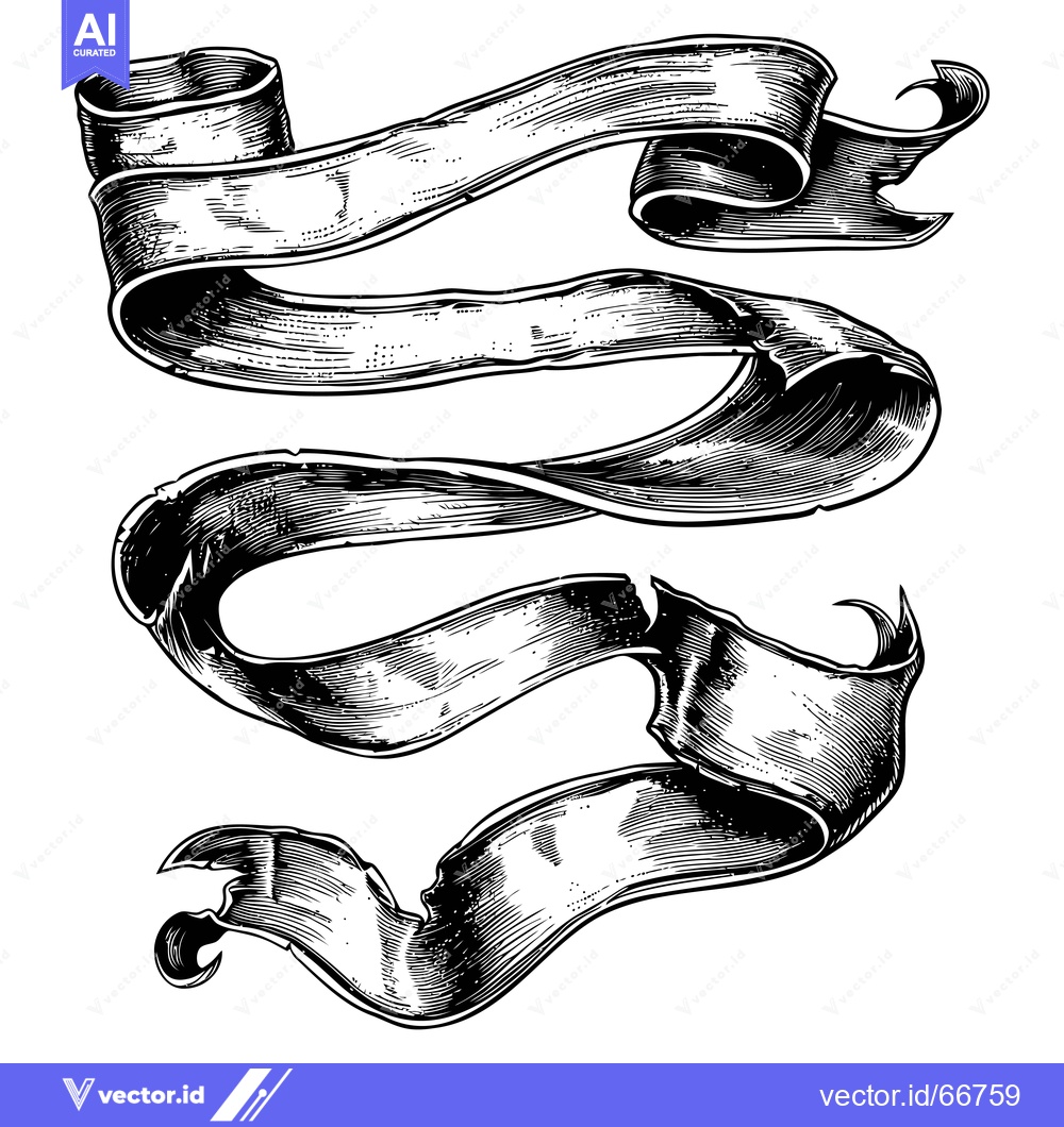 Premium Vector dari Hand-drawn black and white illustration of a curled ribbon banner