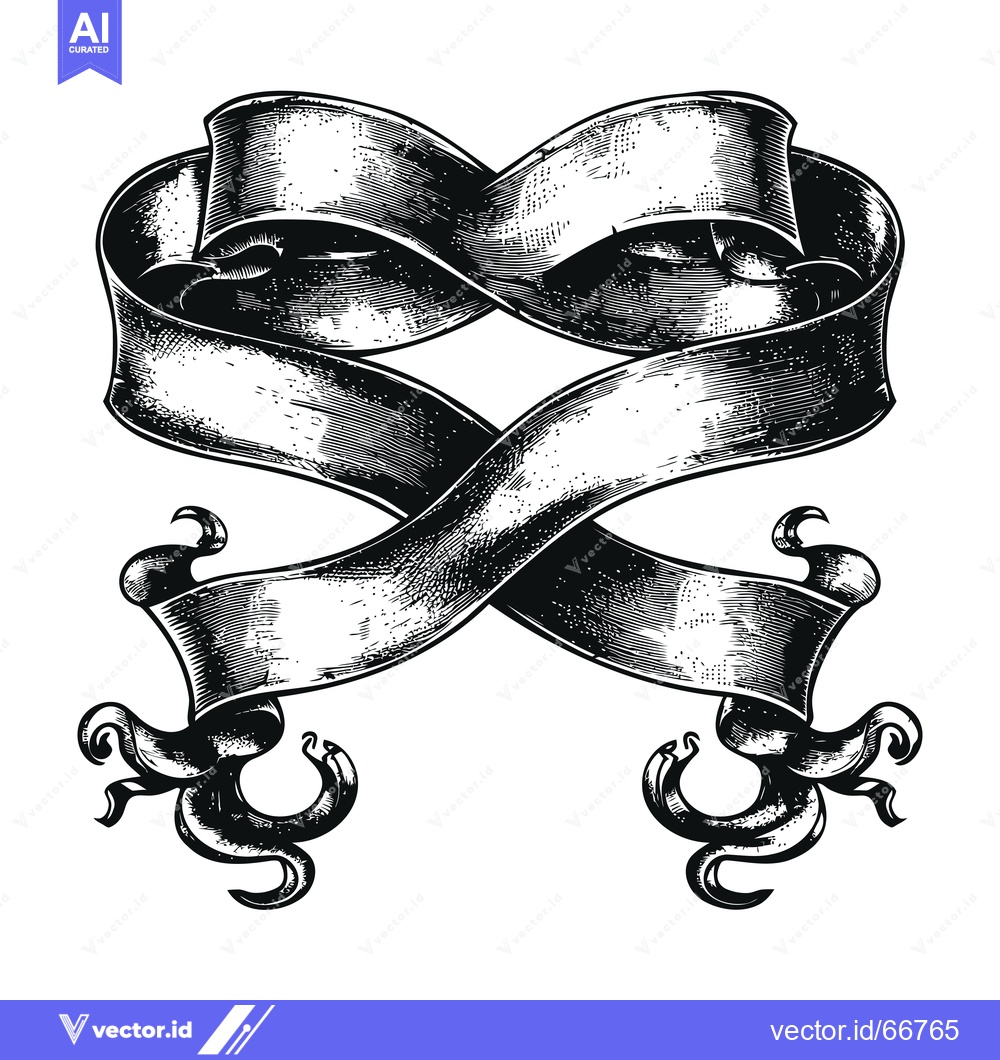 Premium Vector dari Black and white hand-drawn illustration of a decorative ribbon banner.