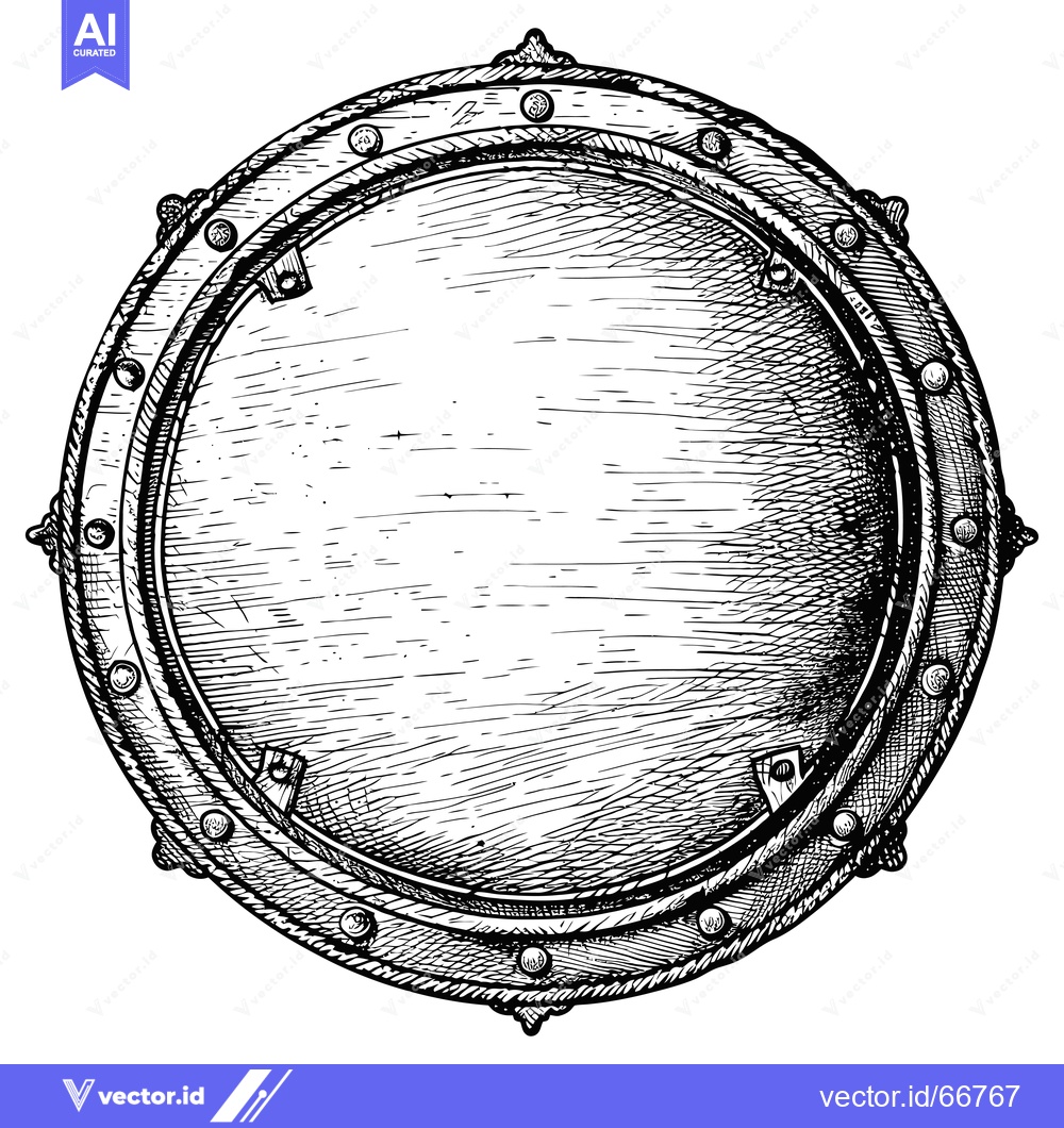 Premium Vector dari Hand-Drawn Sketch of a Circular Metal Shield with Detailed Ornamentati