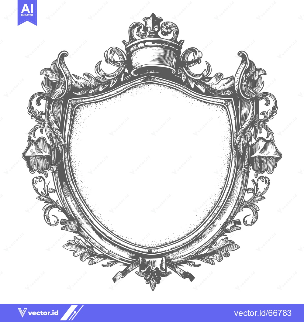 Premium Vector of Ornate Hand-Drawn Shield with Crown and Floral Accents