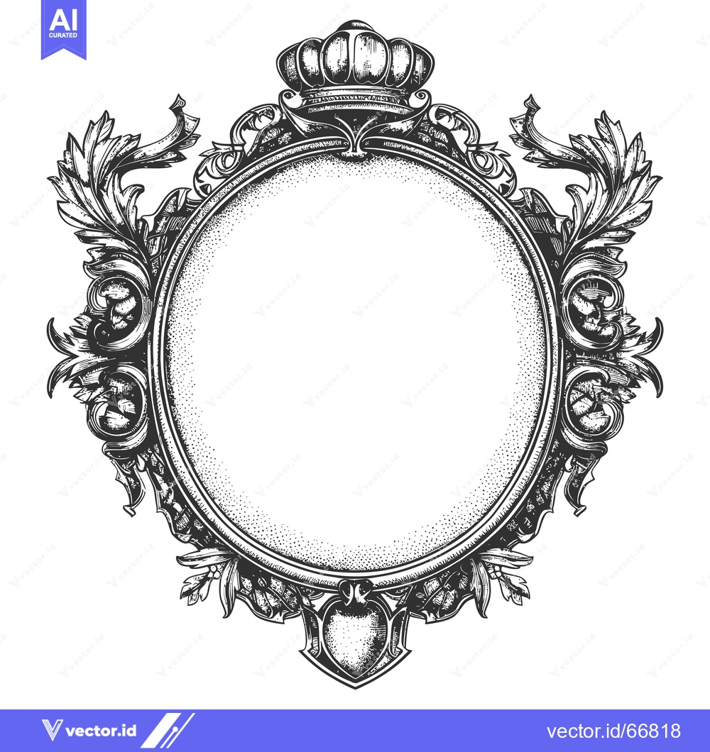Premium Vector of Ornate Black and White Crowned Oval Frame with Floral Details