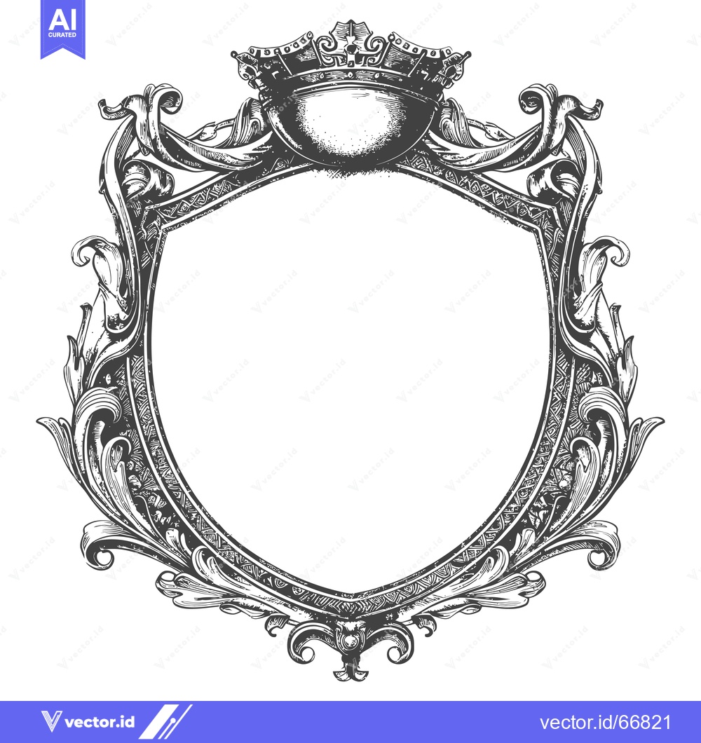 Premium Vector of Ornate Crowned Shield Frame with Scrollwork Detail