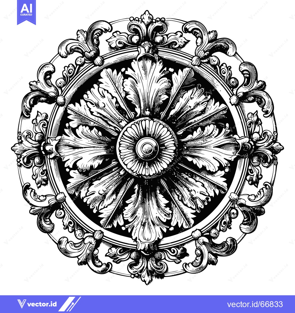 Premium Vector of Intricate Black and White Ornamental Rosette with a Central Button