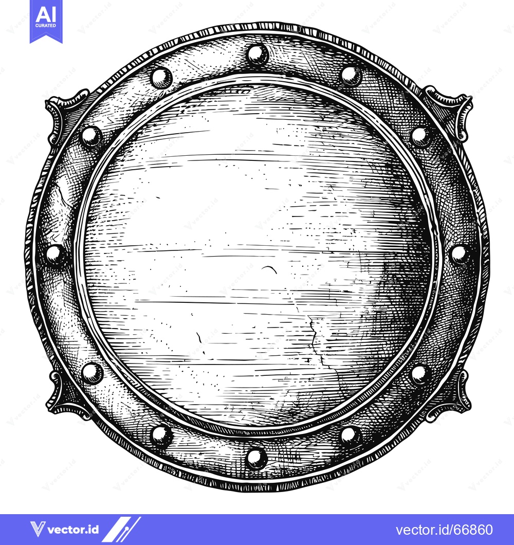 Premium Vector dari Hand-drawn Engraving of a Circular Metal Shield with Decorative Elemen