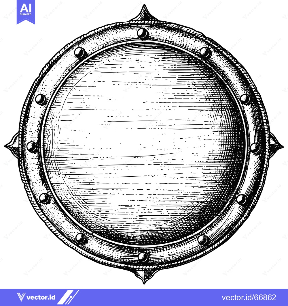Premium Vector dari Hand-drawn illustration of a circular shield with rivets and a pointed