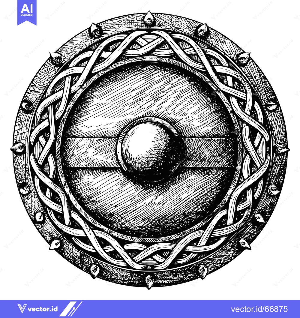 Premium Vector of Hand-Drawn Illustration of a Circular, Spiked, Wooden Shield with Celt