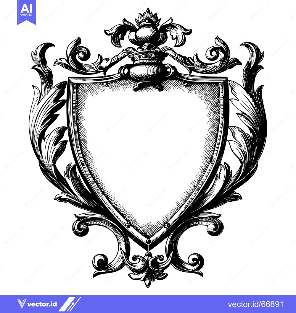 Premium Vector dari Ornate Black and White Shield Crest with Floral Details