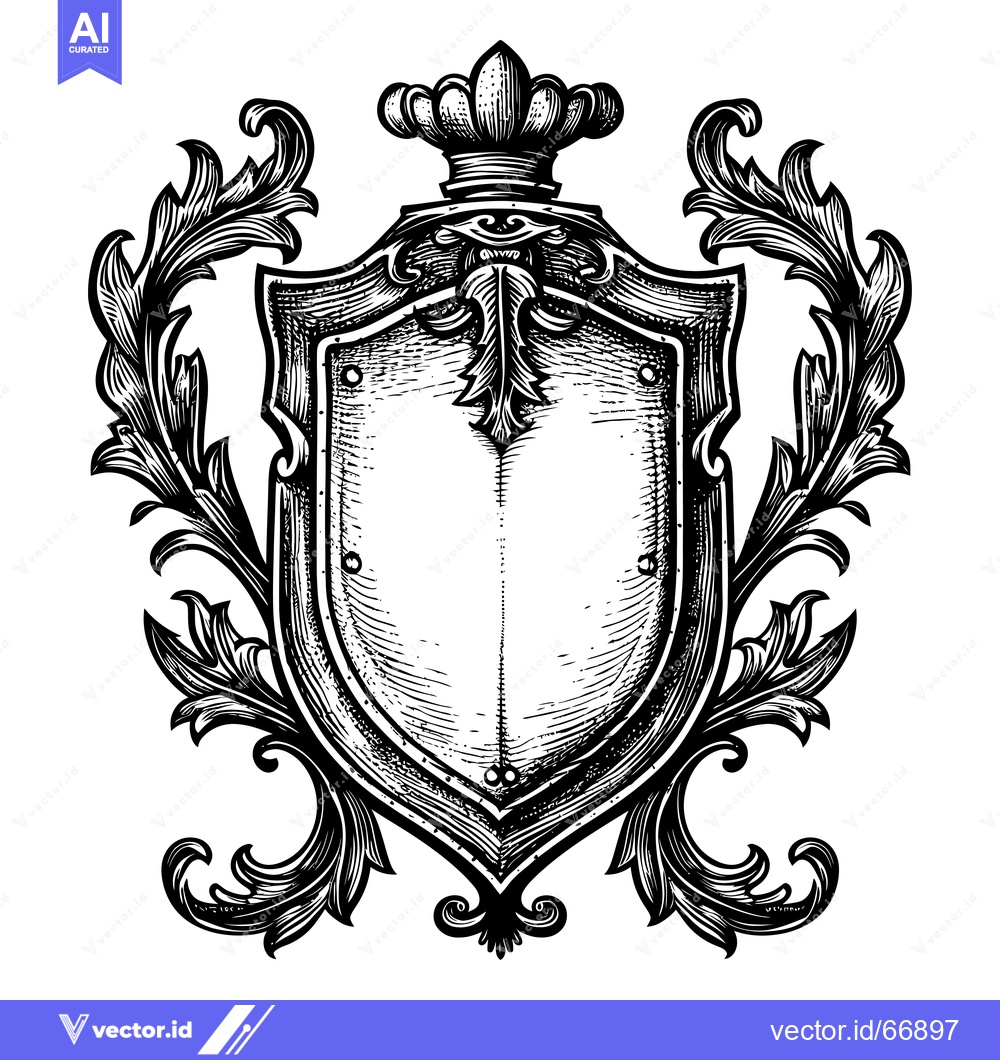 Premium Vector of Ornate Shield Crest with Floral Decorations and a Crown