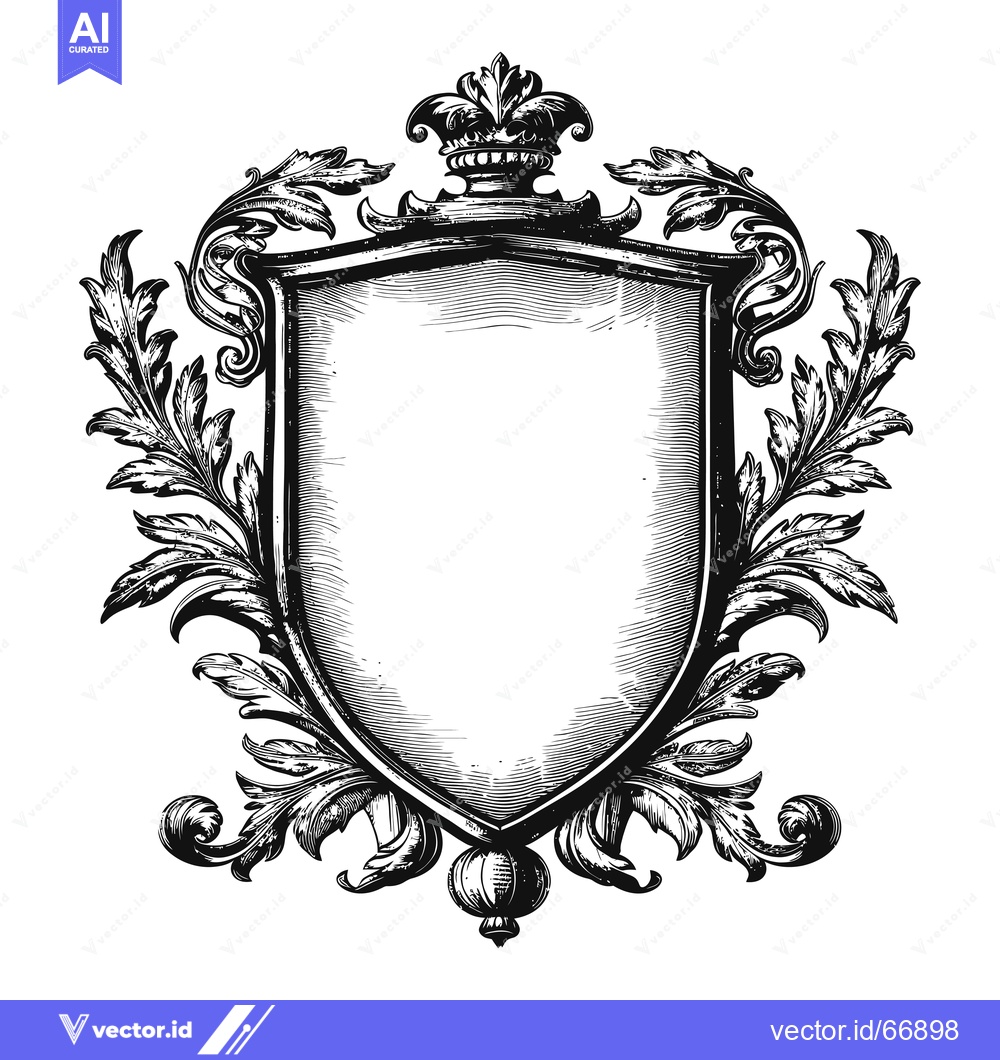 Premium Vector of Ornate Black and White Shield Crest with Crown and Foliage