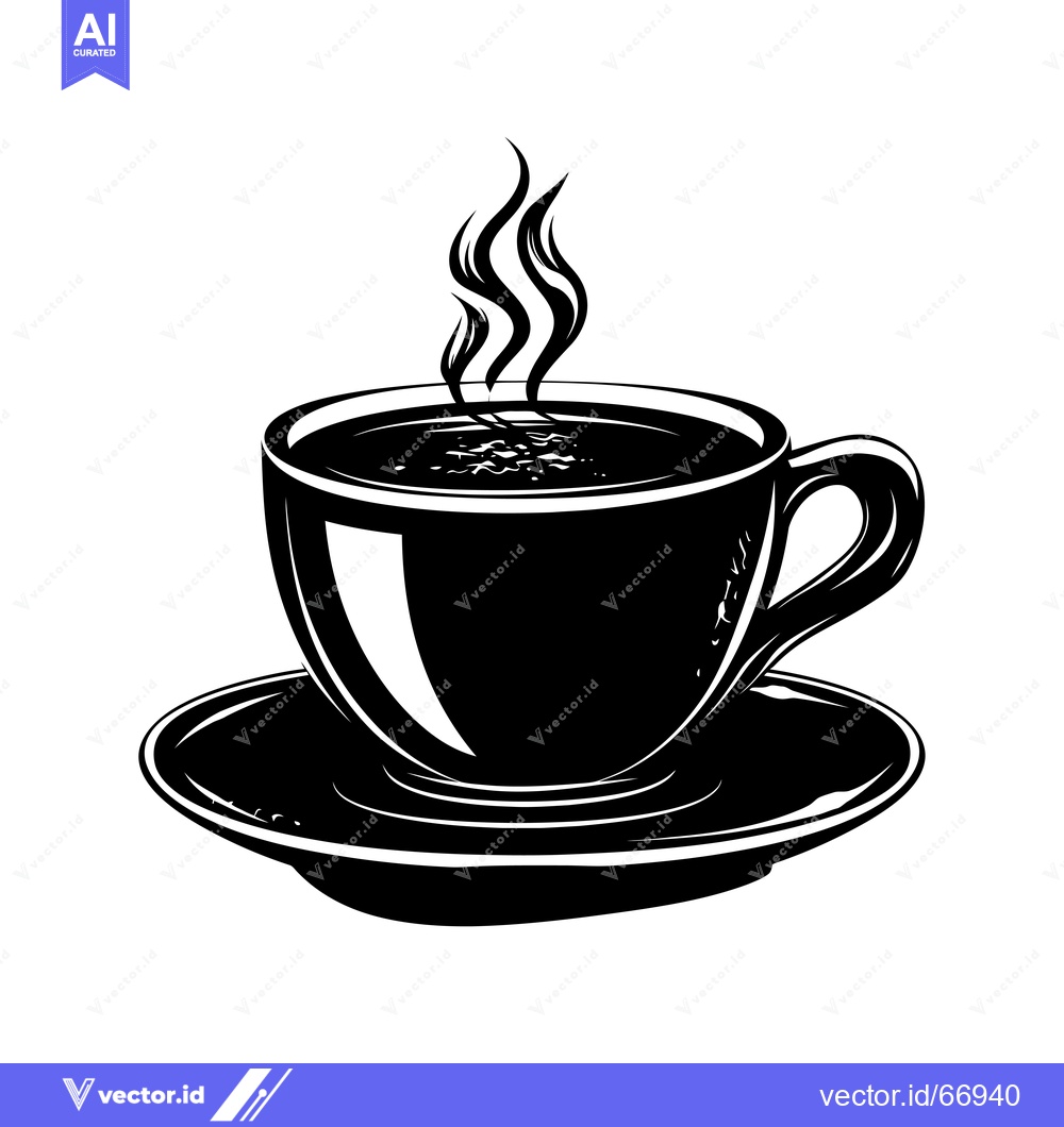 Premium Vector of Black and White Illustration of a Steaming Cup of Coffee on a Saucer