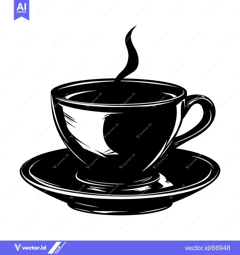 Premium Vector of Black and White Illustration of a Steaming Cup of Coffee with a Saucer